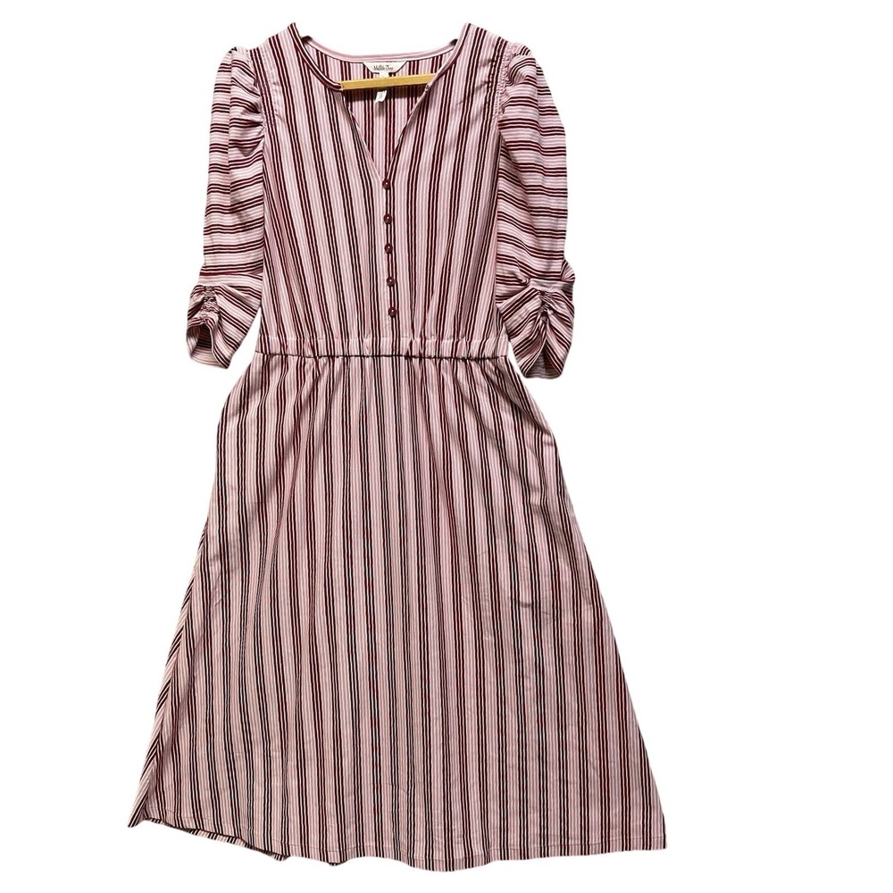 Matilda Jane Striped Midi Dress Womens Small Pink Red Puff Sleeve Button V-Neck